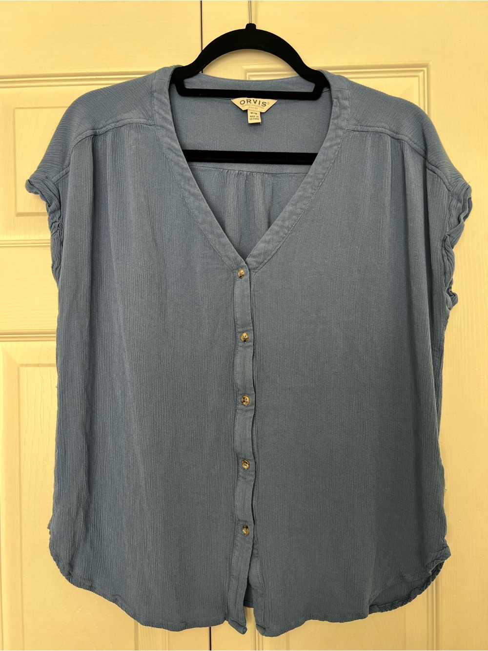 Orvis Blue Button-Front V-Neck Cap Sleeve Blouse- medium